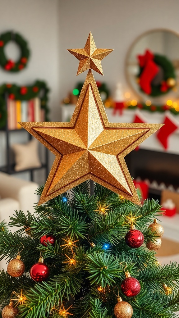 A golden glittery star decoration on a Christmas tree with colorful ornaments and lights.